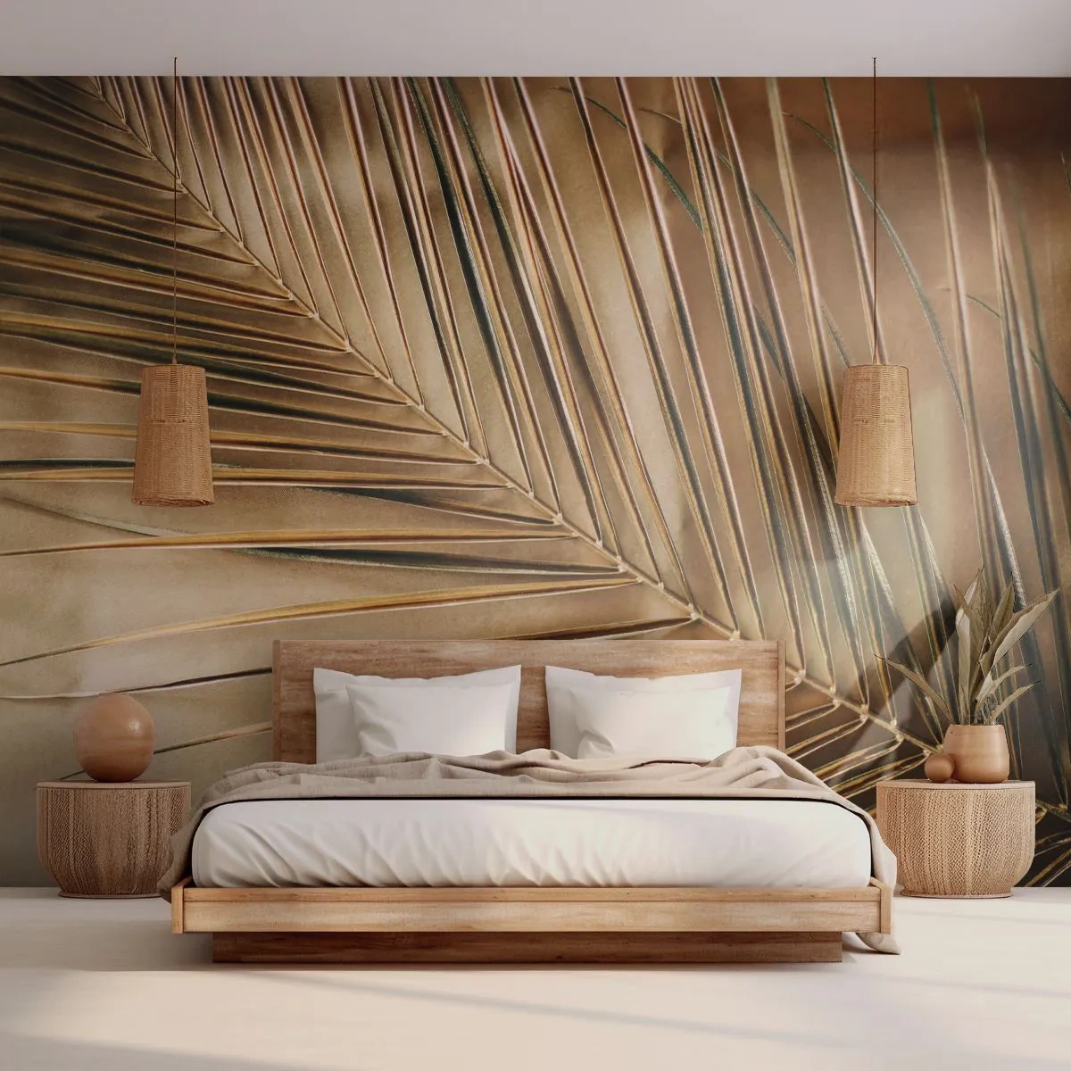 Fototapet Premium Sand - Naturlig kolonnade - Palmeblad, Grafik, Troperne - 300x210 cm
