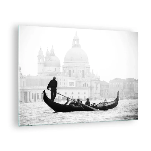 Billede på glas - En sort-hvid gondol med Venedig som baggrund - 70x50cm - En rejse til skønhedens kilder - Moderne vægdekoration til stue og soveværelse ARTTOR
