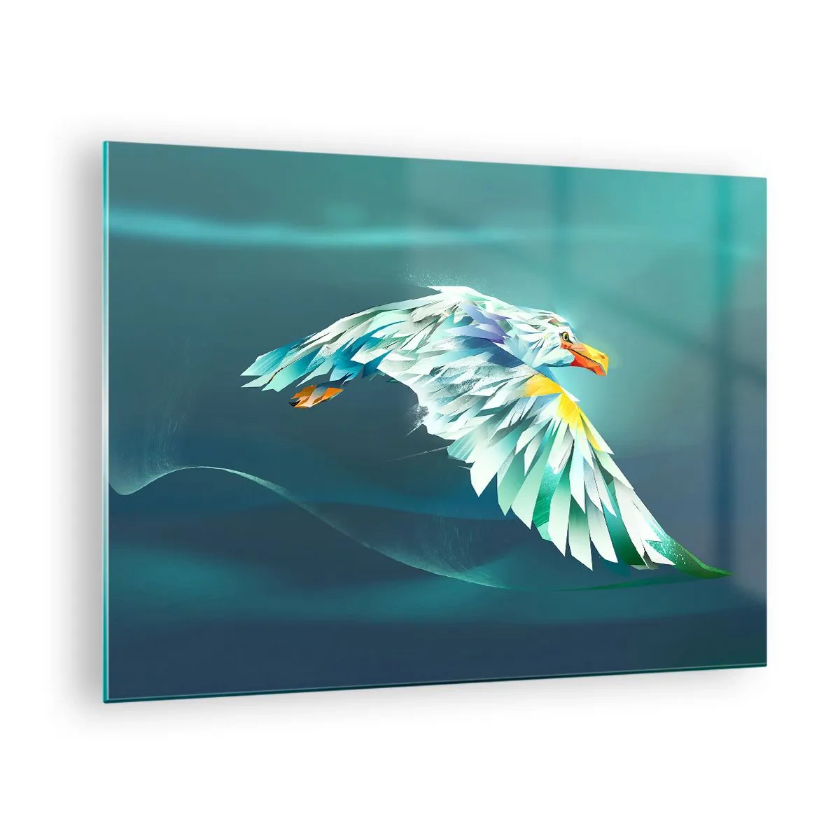Billede på glas - Et abstrakt billede af en ørn i nuancer af blå og hvid mod en baggrund af bølger. - 70x50cm - Den ørnelignende kraft i din flugt - Moderne vægdekoration til stue og soveværelse ARTTOR