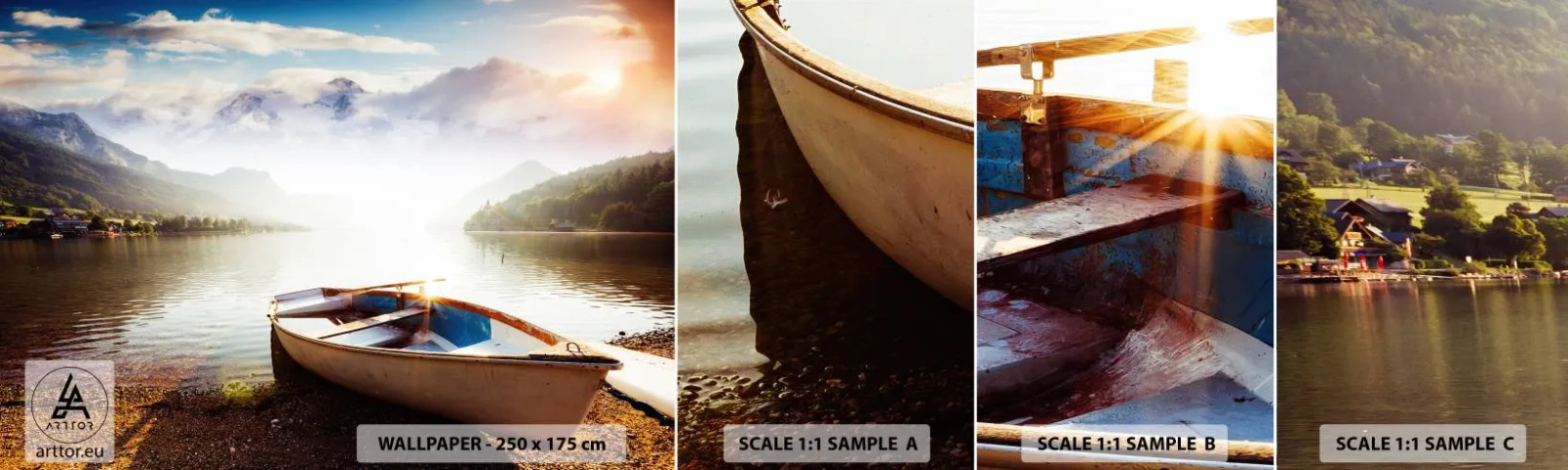 Prøve Fototapet Selvklæbende Deluxe Sticker - Over store og klare vande - Landskab, Sø, Bjerge - 100x30 cm