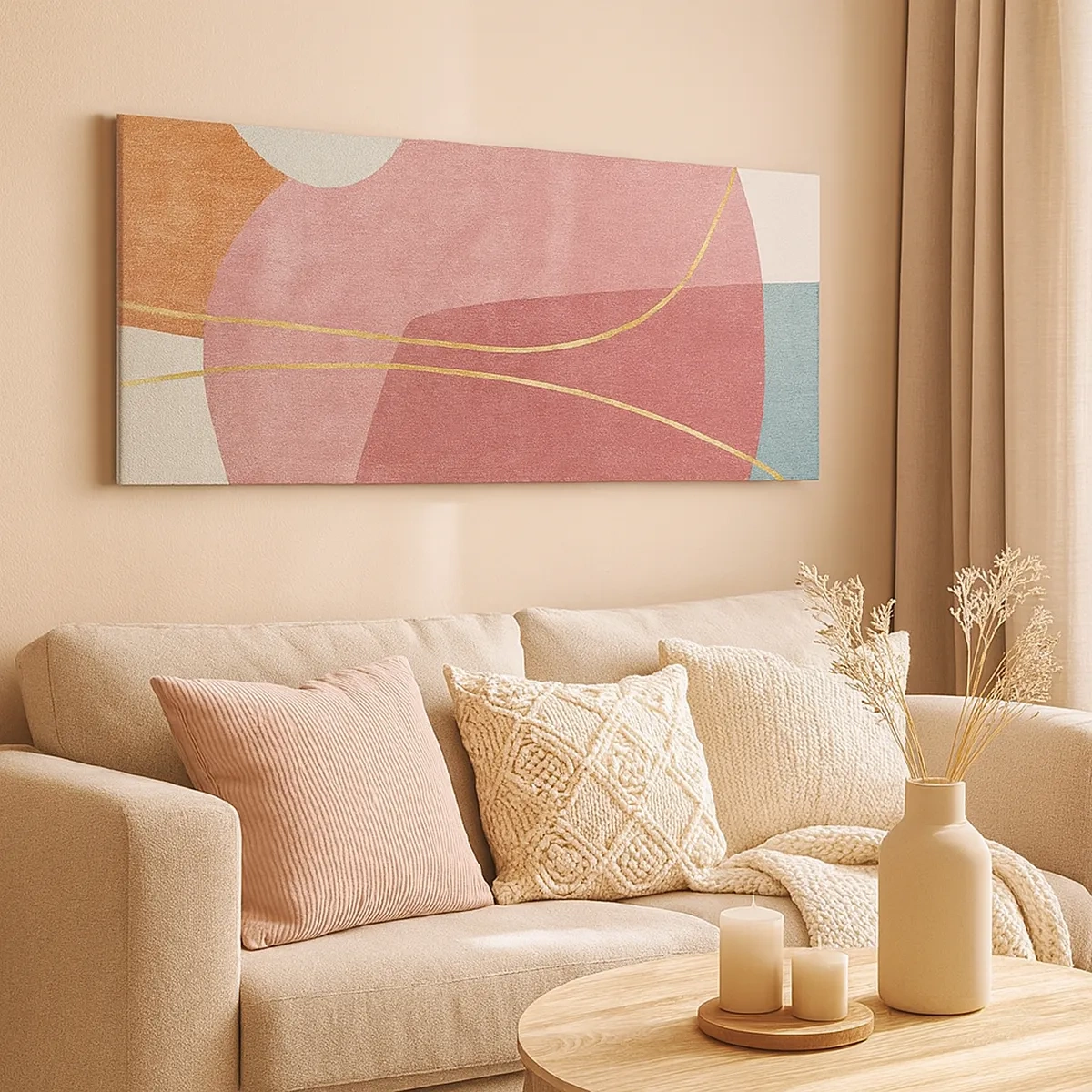 Lærredstryk - Billede på lærred - Pastelkomposition med guldtråd - 30x30 cm