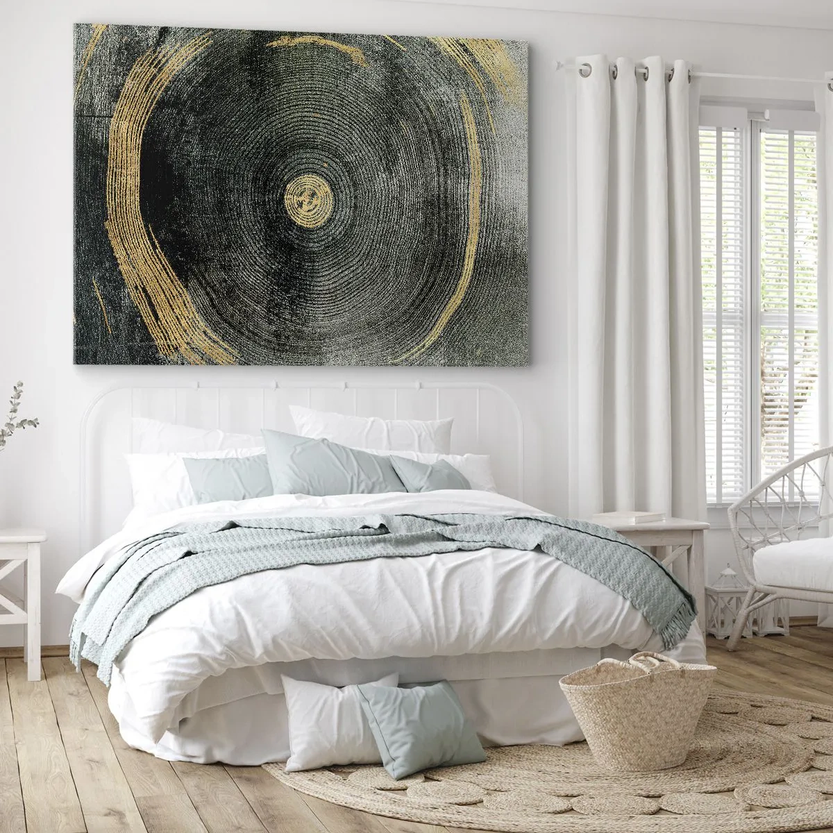 Lærredstryk - Billede på lærred - Koncentriske cirkler med gulddetaljer - 70x50cm - Forandring og varighed - Moderne vægdekoration til stue og soveværelse ARTTOR