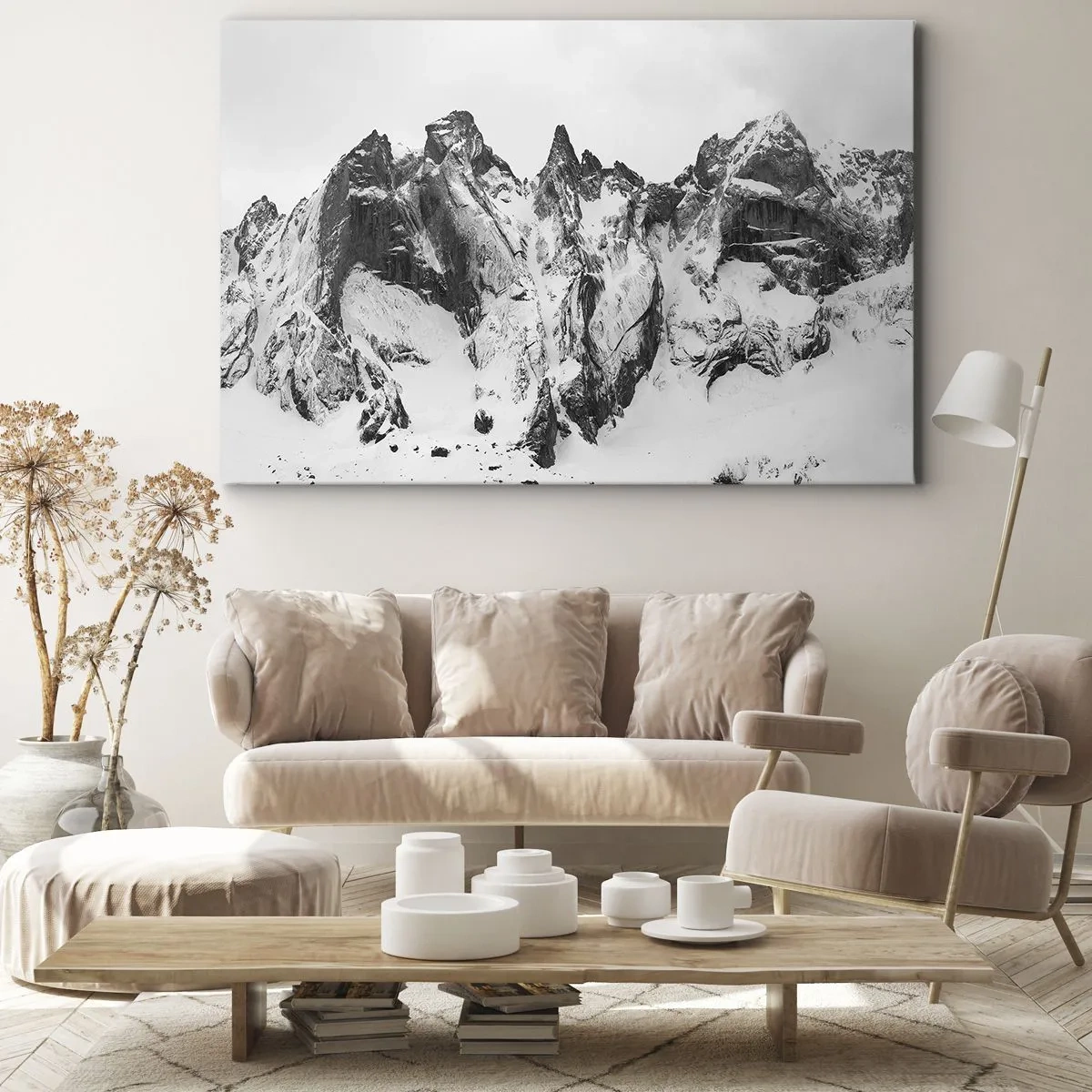 Lærredstryk - Billede på lærred - Sorte og hvide snedækkede bjergtoppe - 70x50cm - Granit truende højderyg - Moderne vægdekoration til stue og soveværelse ARTTOR