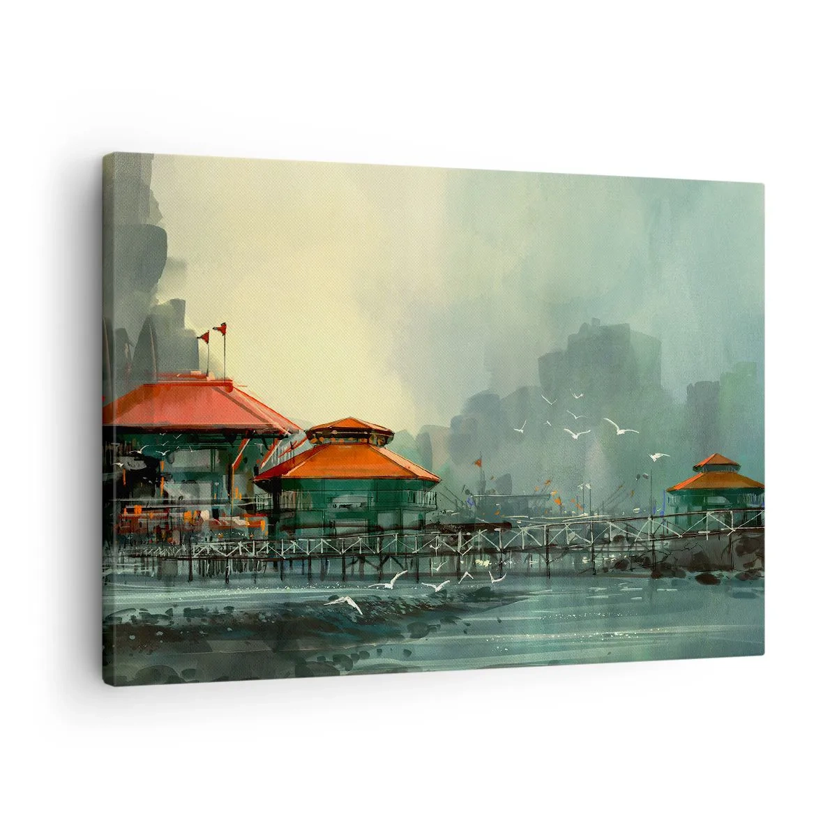 Lærredstryk - Billede på lærred - Havnebygninger i et regnfuldt landskab med måger - 70x50cm - En regnvejrsdag på havnen - Moderne vægdekoration til stue og soveværelse ARTTOR