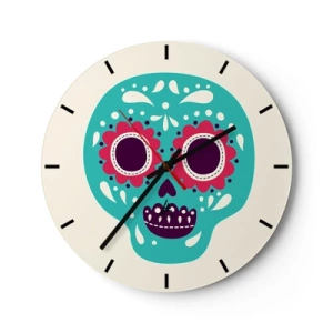 Vægur, Uret - Farverigt kranium i mexicansk stil på en lys baggrund - 30x30cm - Livet - sjovt indtil døden - Moderne vægdekoration til stue, køkken og soveværelse ARTTOR