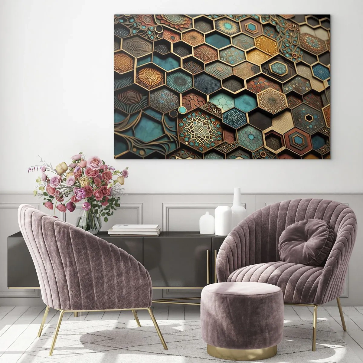 Billede på glas - Mosaik med geometriske mønstre i orientalsk stil - 70x50cm - Arabiske ornamenter - en variation - Moderne vægdekoration til stue og soveværelse ARTTOR