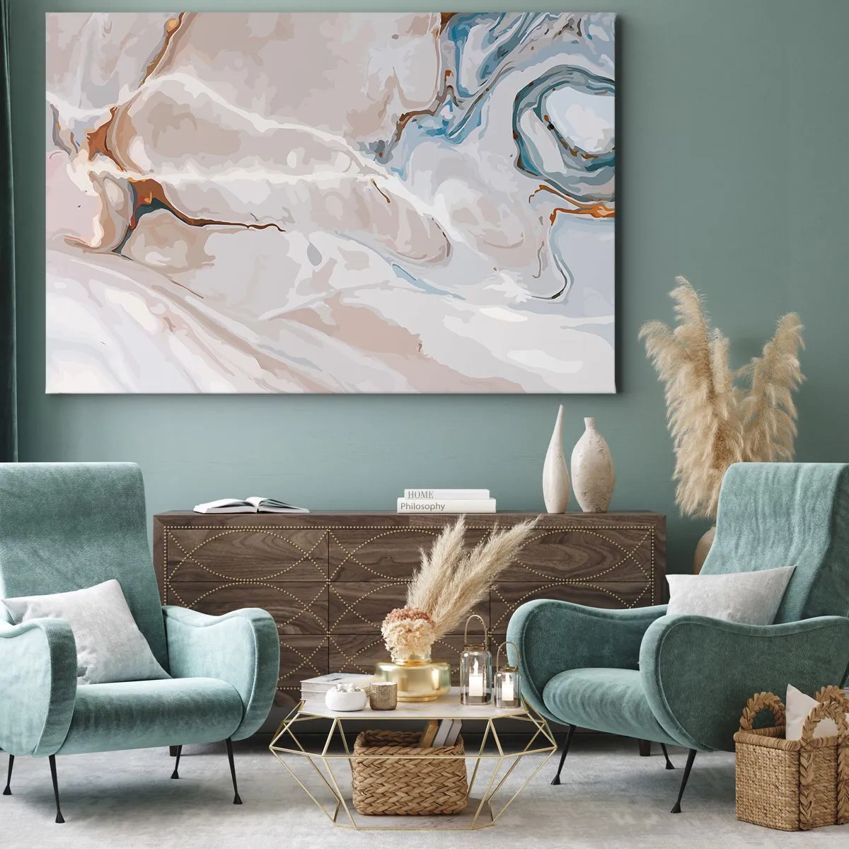 Lærredstryk - Billede på lærred - Abstrakt mønster i nuancer af hvid og blå - 70x50cm - Blå slynger sig under det hvide - Moderne vægdekoration til stue og soveværelse ARTTOR