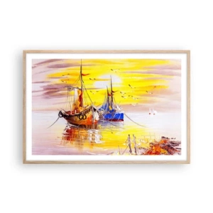 Plakat i ramme af lyst egetræ - Et velfortjent hvil i havnen - 91x61 cm