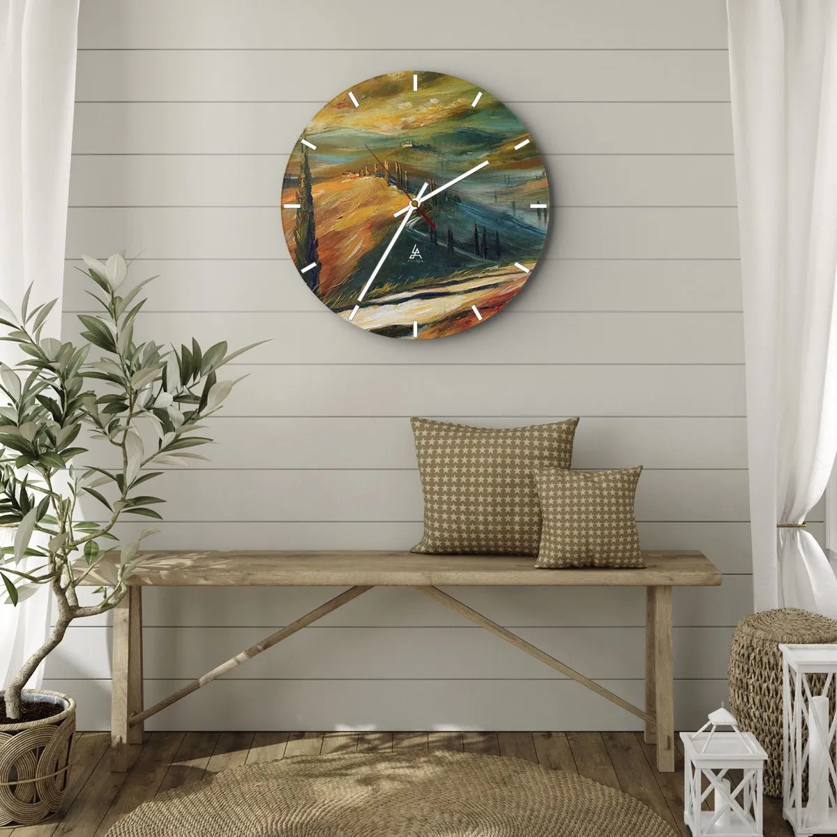 Vægur, Uret - Et malerisk landskab af bakker og træer i toscanske farver - 30x30cm - Toscansk landskab - Moderne vægdekoration til stue, køkken og soveværelse ARTTOR