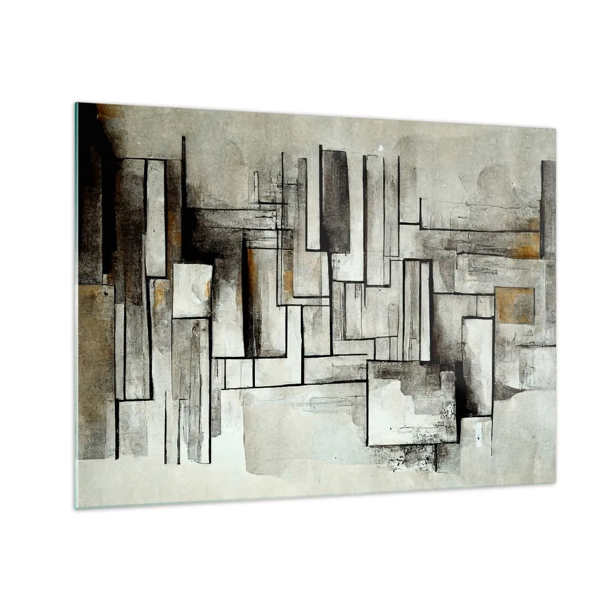 Billede på glas - Geometrisk komposition af rektangler i dæmpede gråtoner - 70x50cm - Enkelthedens kraft - Moderne vægdekoration til stue og soveværelse ARTTOR
