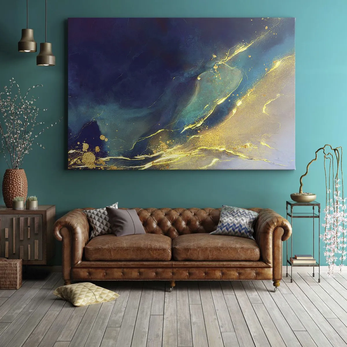 Lærredstryk - Billede på lærred - Abstrakt komposition i nuancer af blå og guld på lærred - 70x50cm - Gylden marsk - Moderne vægdekoration til stue og soveværelse ARTTOR