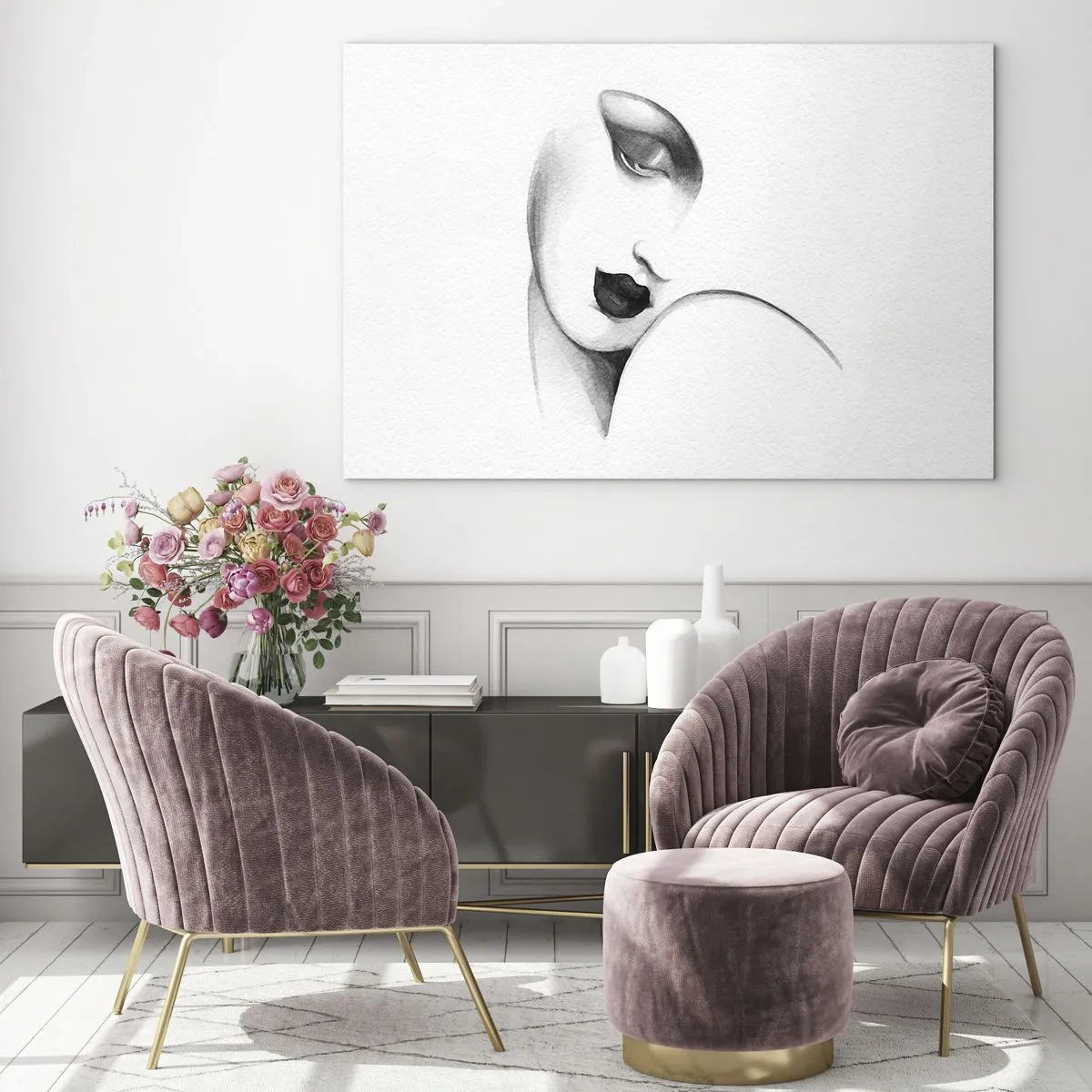 Billede på glas - Art Deco-skitse af et kvindeansigt i sort-hvid - 70x50cm - I Lempickas stil - Moderne vægdekoration til stue og soveværelse ARTTOR