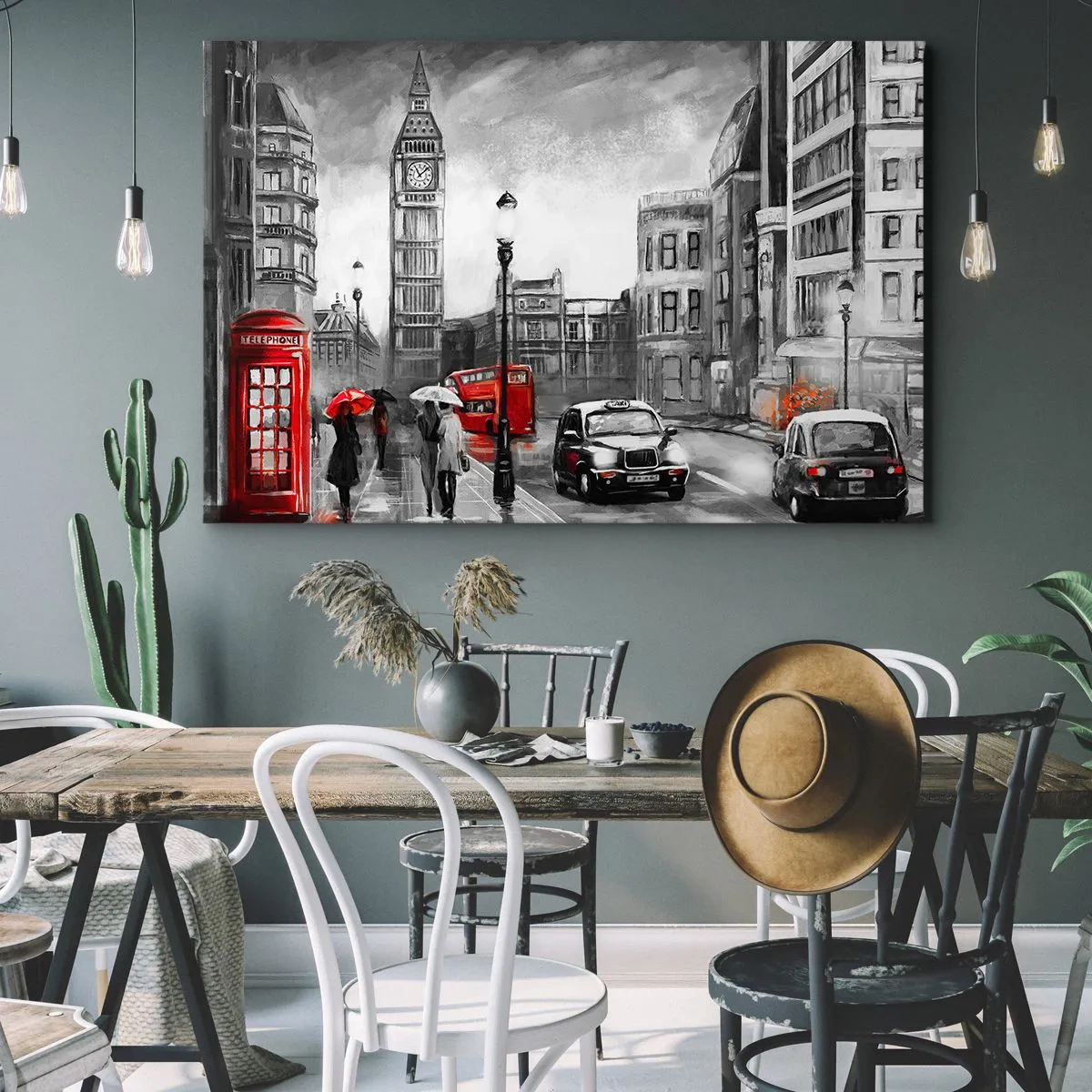 Lærredstryk - Billede på lærred - En London-scene i sort-hvid med røde accenter - 70x50cm - Overhovedet ikke en grå by - Moderne vægdekoration til stue og soveværelse ARTTOR