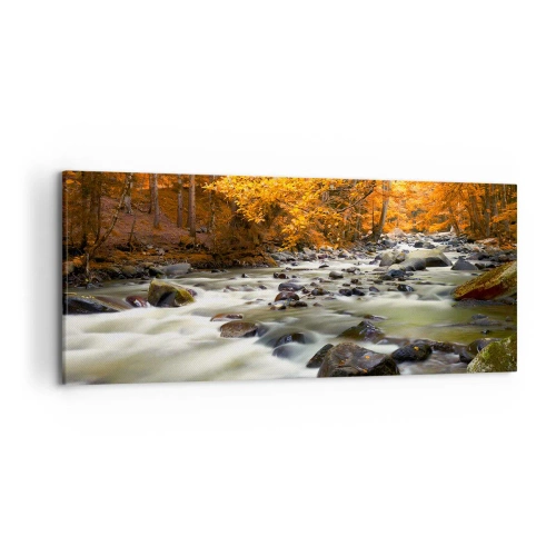 Lærredstryk - Billede på lærred - Et vandløb i den gyldne skov - 120x50 cm