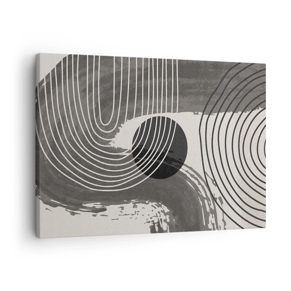 Lærredstryk - Billede på lærred - Geometriske linjer og ovaler i monokromatiske nuancer - 70x50cm - Oval vinder - Moderne vægdekoration til stue og soveværelse ARTTOR