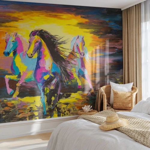 Fototapet Selvklæbende Deluxe Sticker - Nedsænket i regnbuen - Dyr, Heste, Frihed - 350x256 cm