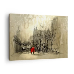 Lærredstryk - Billede på lærred - En rød figur i nostalgiske bymiljøer - 70x50cm - En date i London-tågen  - Moderne vægdekoration til stue og soveværelse ARTTOR