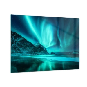 Billede på glas - Aurora Borealis over et bjerglandskab og frossent hav - 70x50cm - Nordens vidundere - Moderne vægdekoration til stue og soveværelse ARTTOR