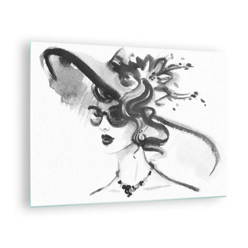 Billede på glas - Sort-hvidt portræt af en kvinde med hat - 70x50cm - Dame med karakter - Moderne vægdekoration til stue og soveværelse ARTTOR