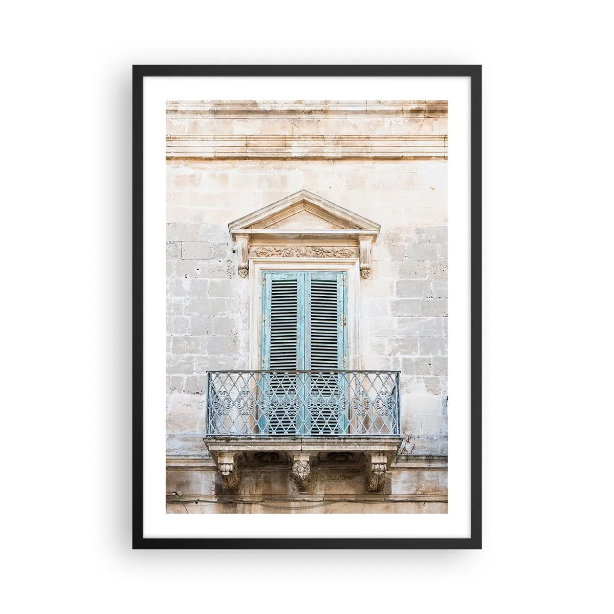 Plakat i sort ramme - Historisk balkon med blå skodder i middelhavsstil - 50x70cm - Den unikke charme i Italien - Moderne vægdekoration til stue og soveværelse ARTTOR