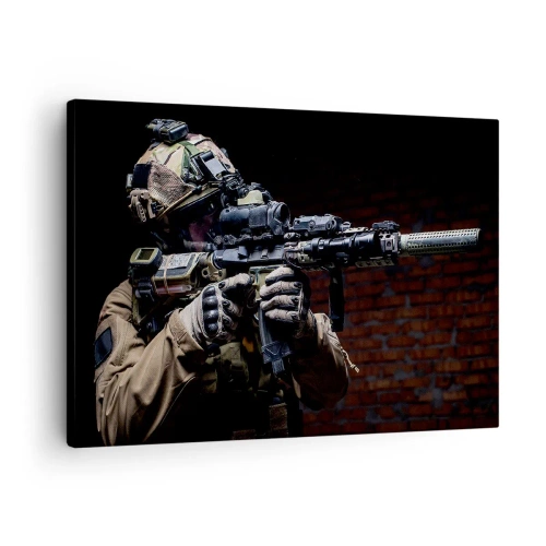 Lærredstryk - Billede på lærred - En soldat i fuldt udstyr med en riffel - 70x50cm - Dødeligt effektiv - Moderne vægdekoration til stue og soveværelse ARTTOR