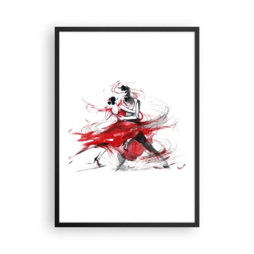 Plakat i sort ramme - Et par, der danser tango med dynamiske røde accenter - 50x70cm - Tango - passionens rytme - Moderne vægdekoration til stue og soveværelse ARTTOR