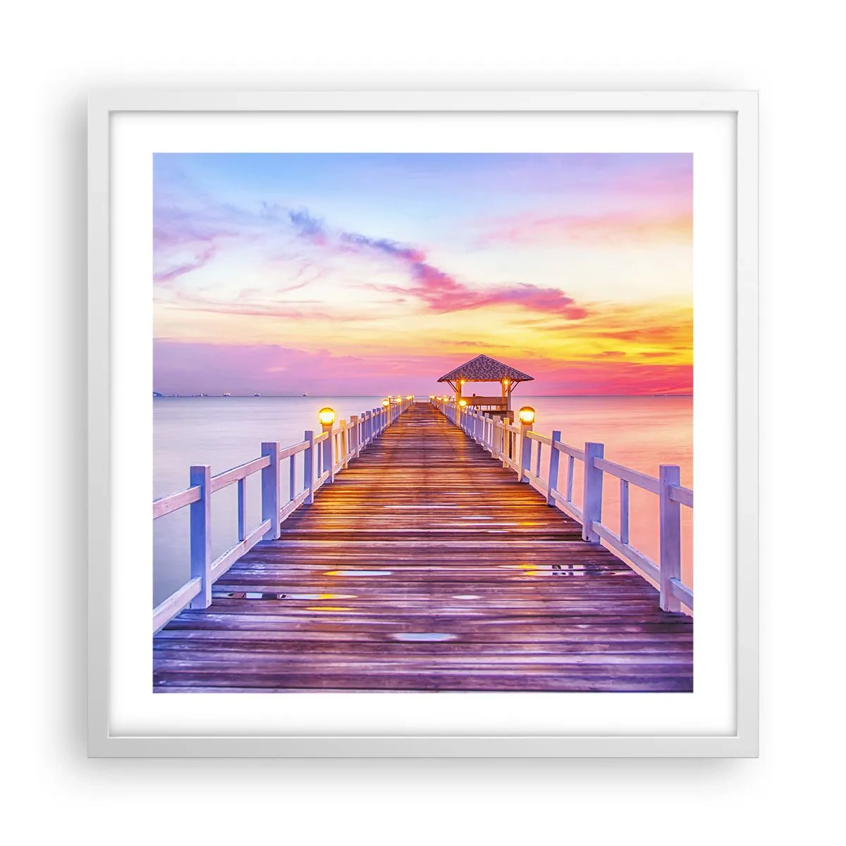 Plakat i hvid ramme - Lilagylden stilhed om aftenen - 50x50 cm