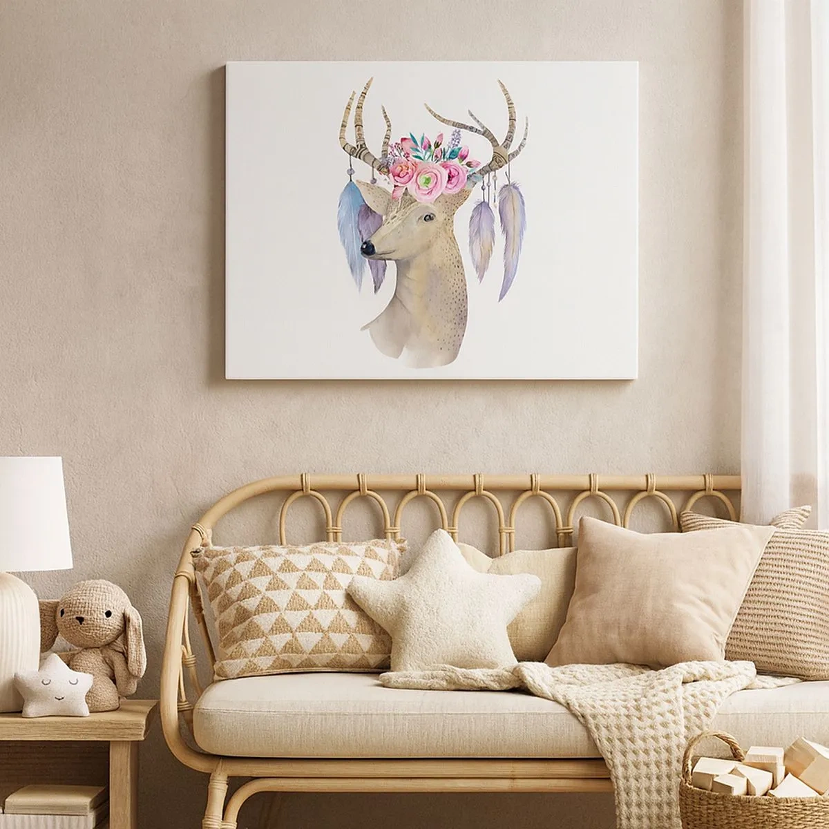 Lærredstryk - Billede på lærred - Romantisk hjortegrafik med blomster og fjer - 70x50cm - Sjælsguide - blid, uskyldig - Moderne vægdekoration til stue og soveværelse ARTTOR