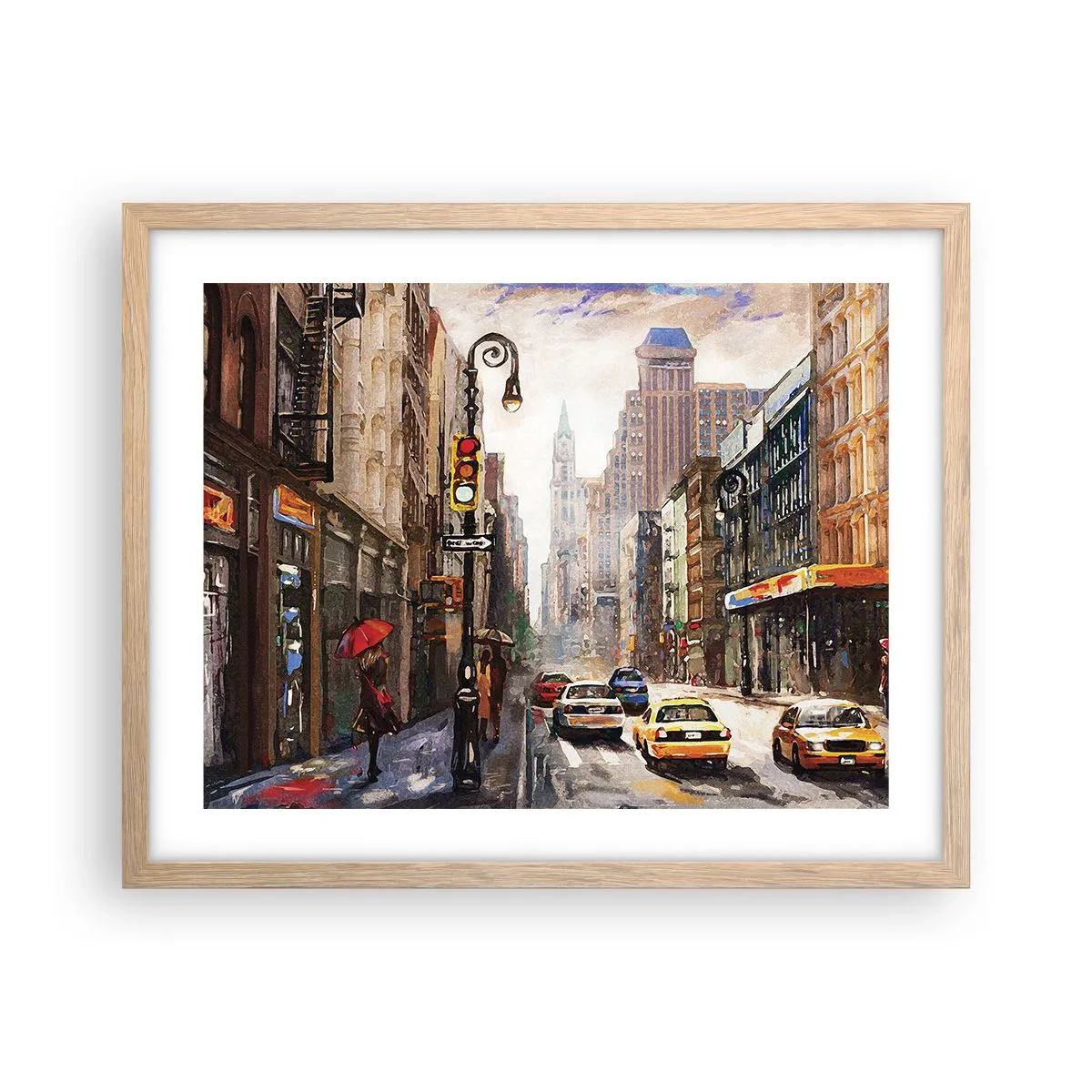 Plakat i ramme af lyst egetræ - New York - også farverig i regnvejr - 50x40 cm
