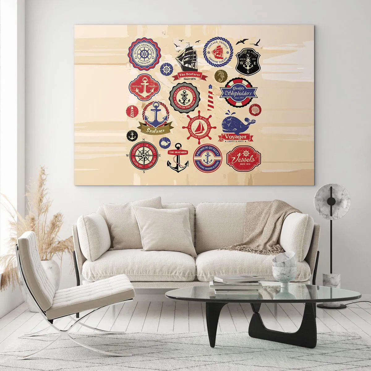 Billede på glas - Nautiske emblemer og symboler på en beige baggrund - 70x50cm - Sejlsportsbroderskab - Moderne vægdekoration til stue og soveværelse ARTTOR