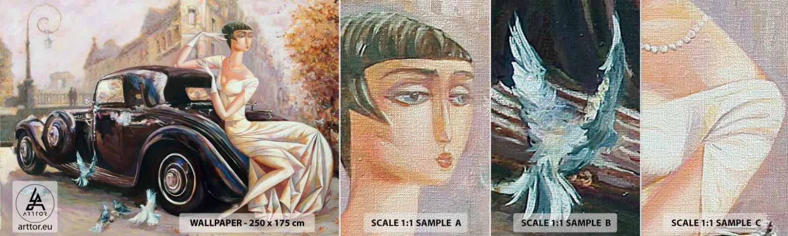 Prøve Fototapet Premium Canvas - Retro elegance - Retro bil, Kvinde, Palads - 100x30 cm