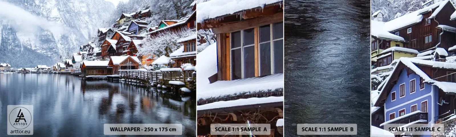 Prøve Fototapet Selvklæbende Deluxe Sticker - I en vinterdekoration - Landskab, Bjergbebyggelse, Vinter - 100x30 cm