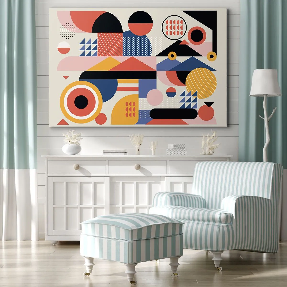 Lærredstryk - Billede på lærred - Farverige geometriske former i retrostil - 70x50cm - Komposition: Leg - Moderne vægdekoration til stue og soveværelse ARTTOR