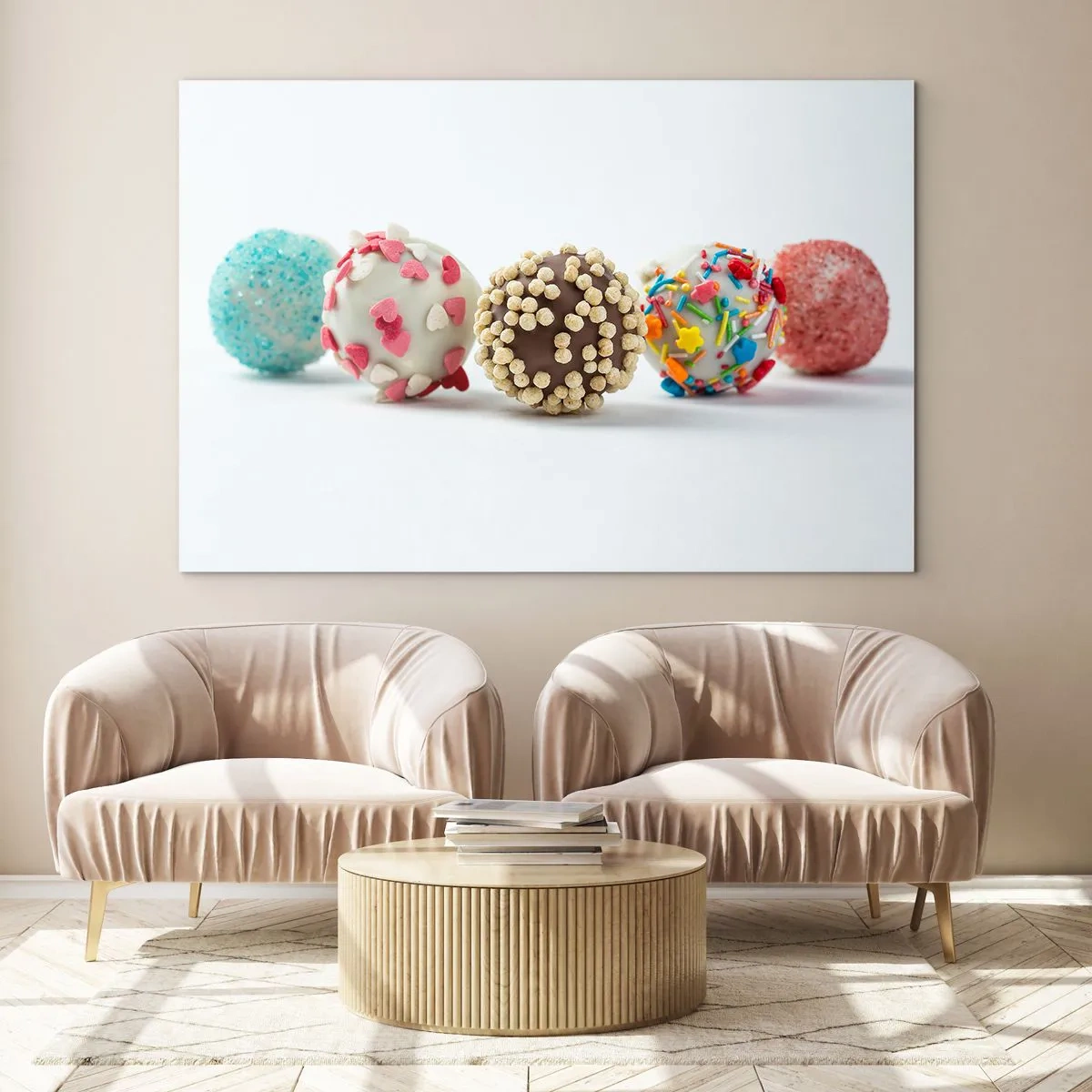 Billede på glas - Farverige desserttrøfler med dekorative krymmel - 70x50cm - Livet kan være sødt - Moderne vægdekoration til stue og soveværelse ARTTOR