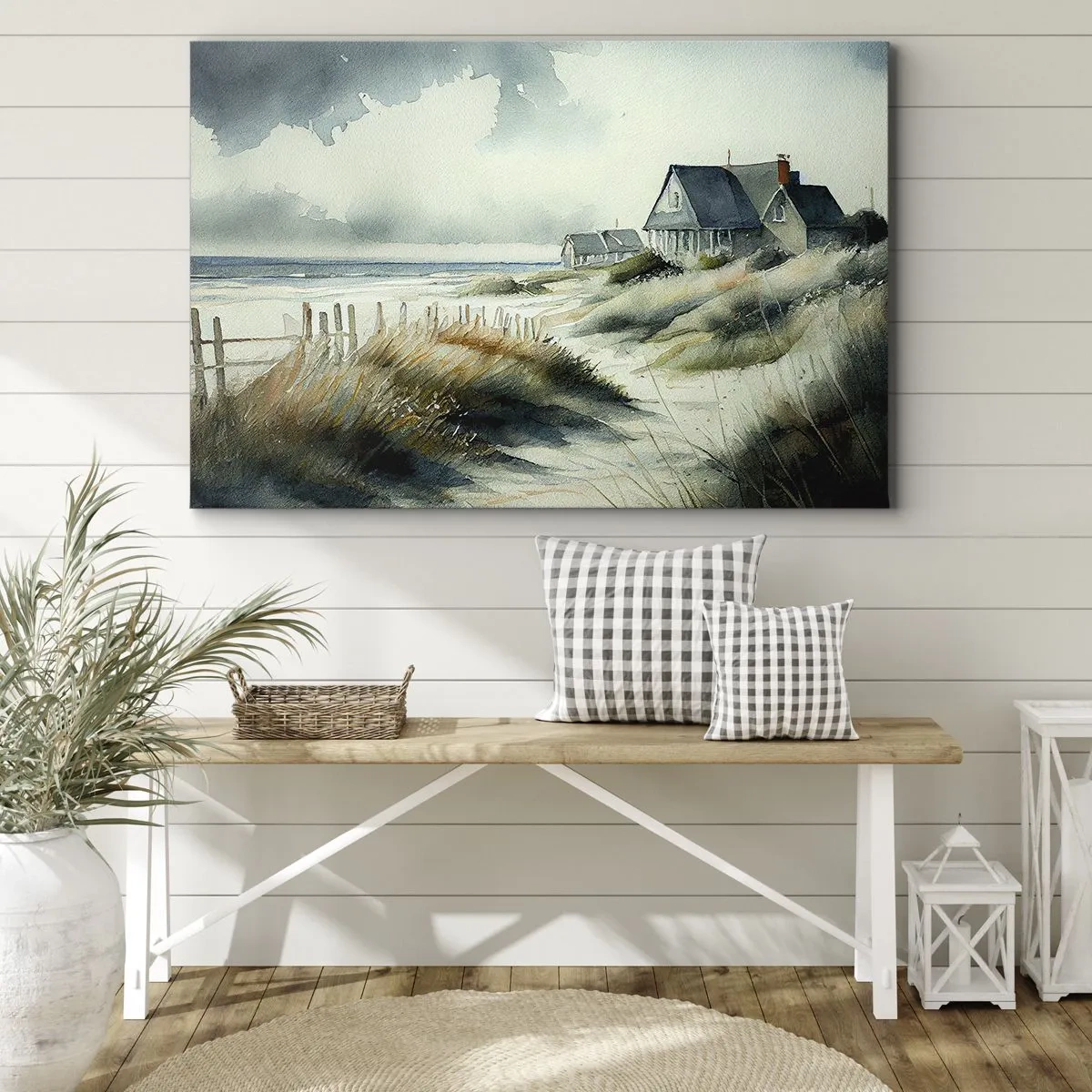 Lærredstryk - Billede på lærred - Et hus ved havet omgivet af græs og med udsigt over havet - 70x50cm - Væk fra trængsel og travlhed - Moderne vægdekoration til stue og soveværelse ARTTOR
