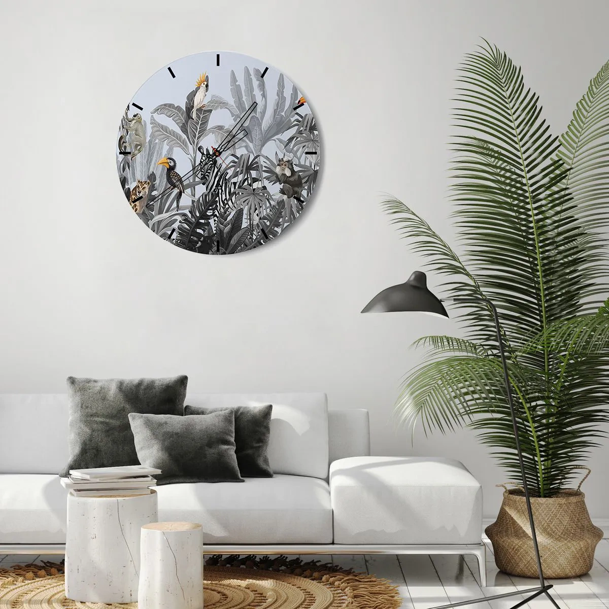 Vægur, Uret - Tropiske planter med eksotiske dyr mod en junglebaggrund - 30x30cm - En afrikansk fabel - Moderne vægdekoration til stue, køkken og soveværelse ARTTOR