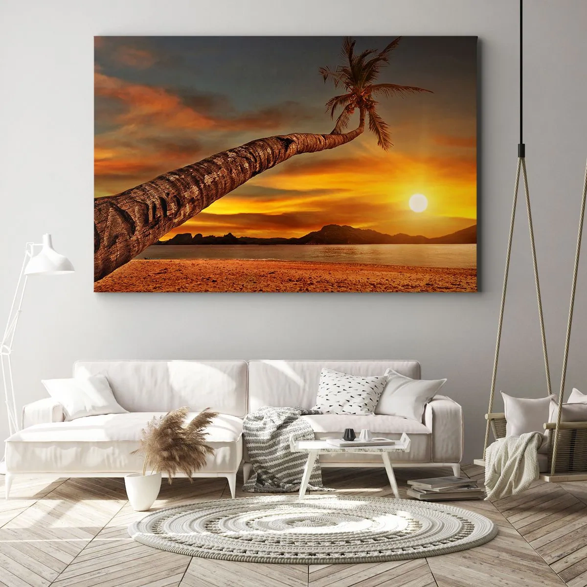 Lærredstryk - Billede på lærred - Palme på stranden ved solnedgang med udsigt over havet - 70x50cm - Eksotisk ferie, eventyr i Caribien - Moderne vægdekoration til stue og soveværelse ARTTOR
