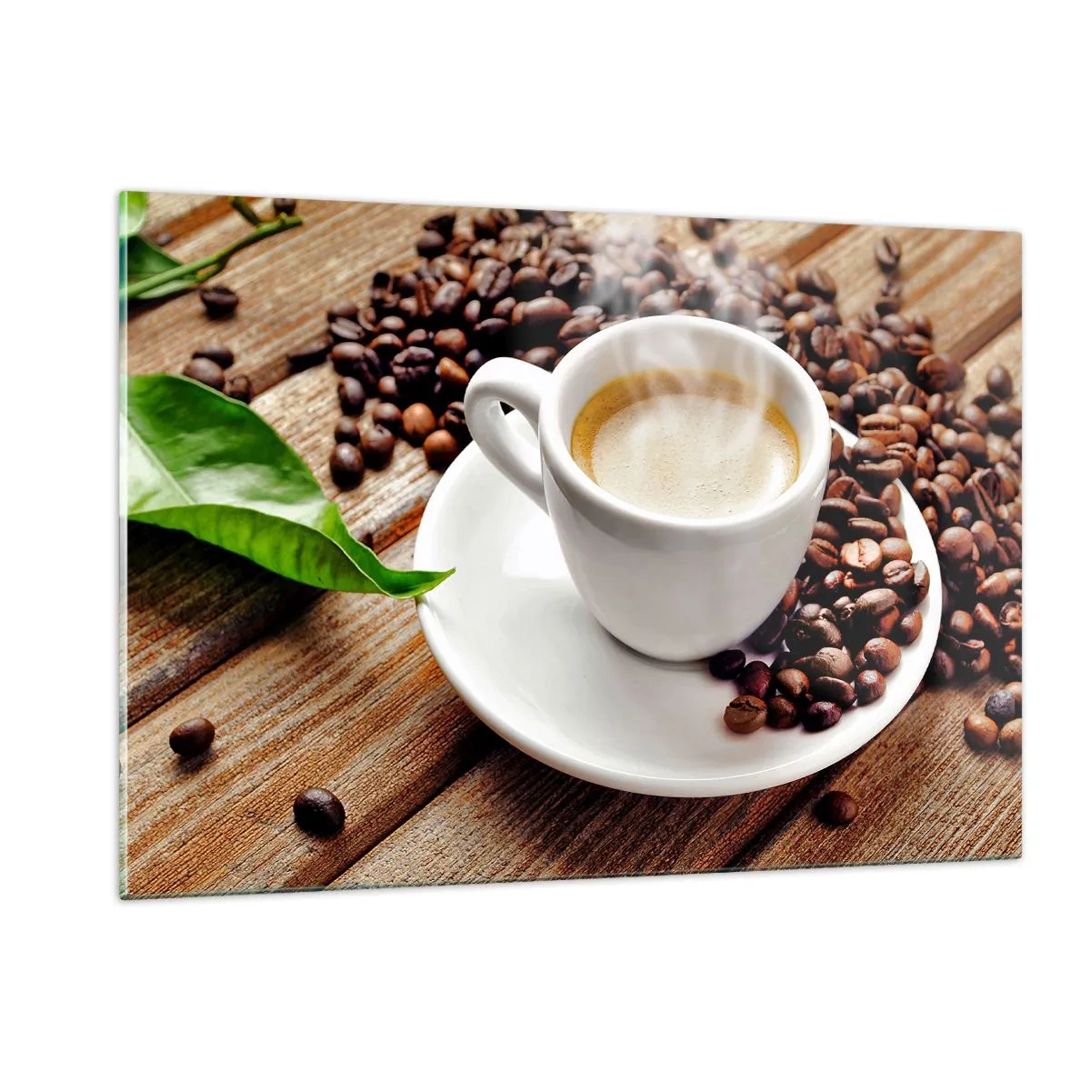 Billede på glas - Kaffe på bænken - 120x80 cm