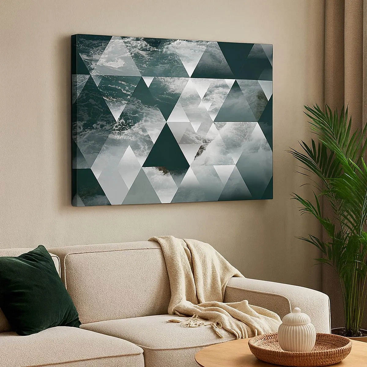 Lærredstryk - Billede på lærred - Geometrisk mønster med bølgemotiv i grønne nuancer - 70x50cm - Et krystalperspektiv - Moderne vægdekoration til stue og soveværelse ARTTOR
