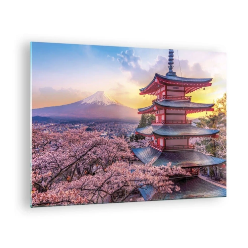 Billede på glas - En pagode i et japansk landskab med udsigt over Fuji-bjerget og blomstrende træer - 70x50cm - Essensen af