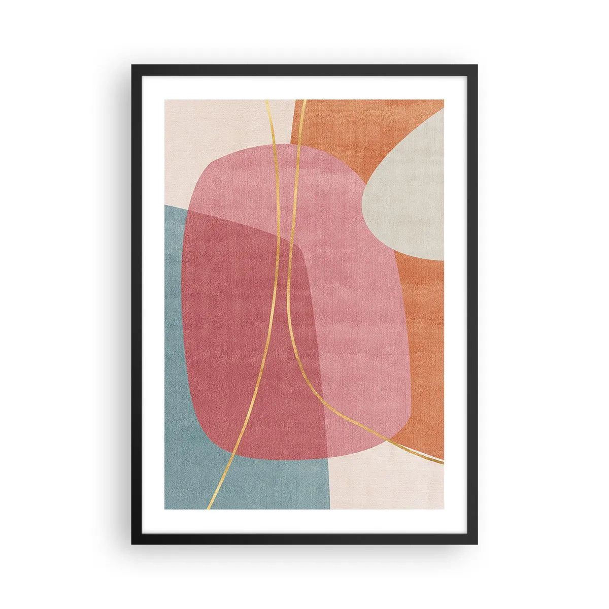 Plakat i sort ramme - Farverig abstraktion med geometriske former og gyldne linjer - 50x70cm - Pastelkomposition med guldtråd - Moderne vægdekoration til stue og soveværelse ARTTOR