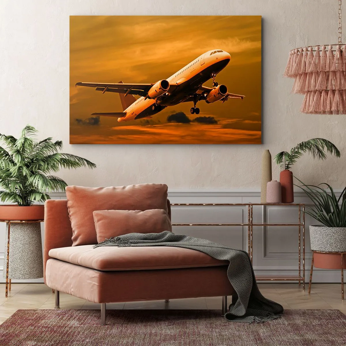 Lærredstryk - Billede på lærred - Et passagerfly letter mod en gylden solnedgangshimmel. - 70x50cm - Flugten ind i solen - Moderne vægdekoration til stue og soveværelse ARTTOR