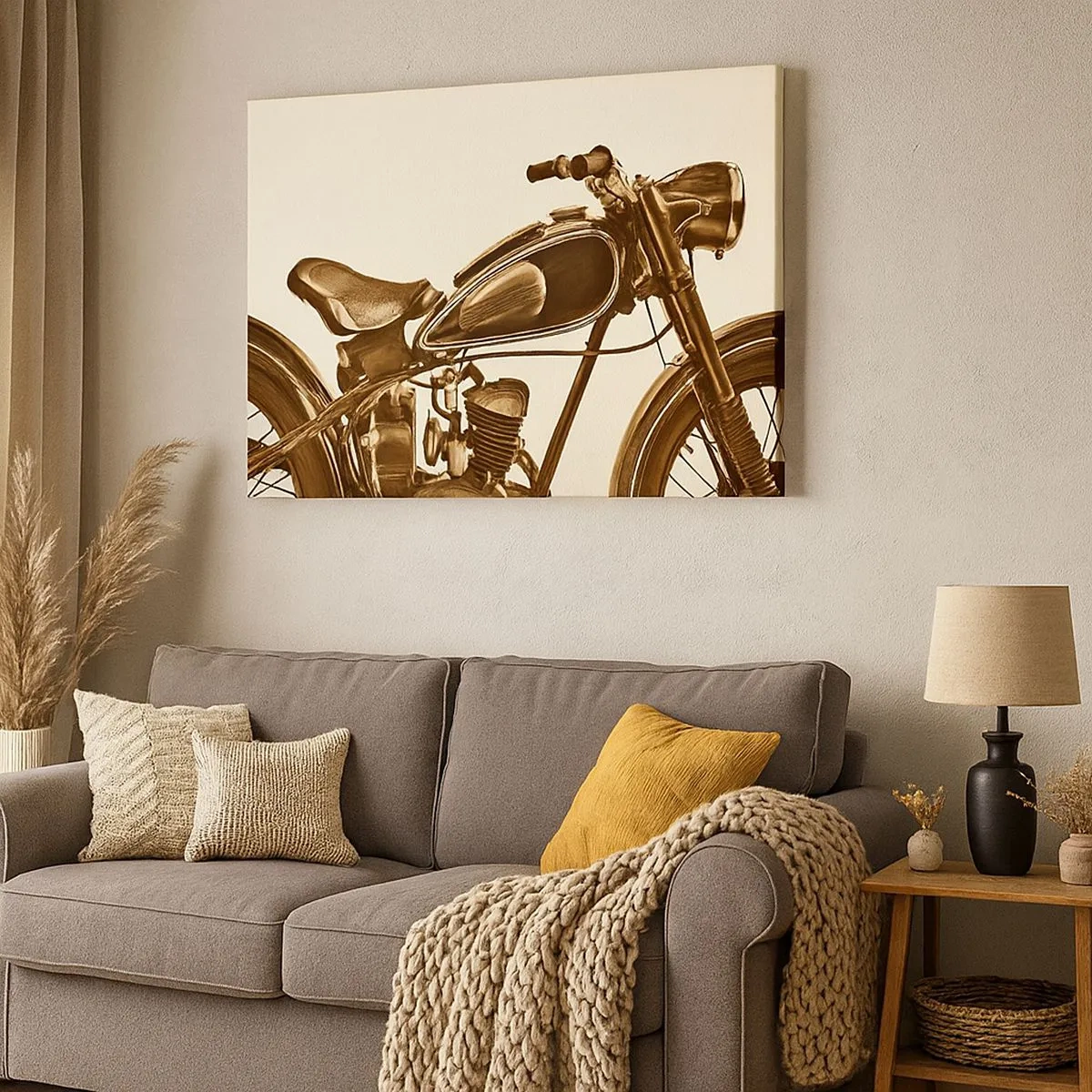 Lærredstryk - Billede på lærred - En vintage retro motorcykel på en lys baggrund - 70x50cm - Længsel efter klassikerne - Moderne vægdekoration til stue og soveværelse ARTTOR