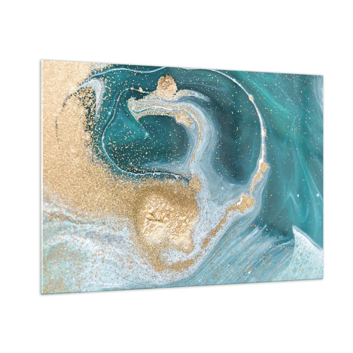 Billede på glas - En hvirvel af guld og turkis - 100x70 cm