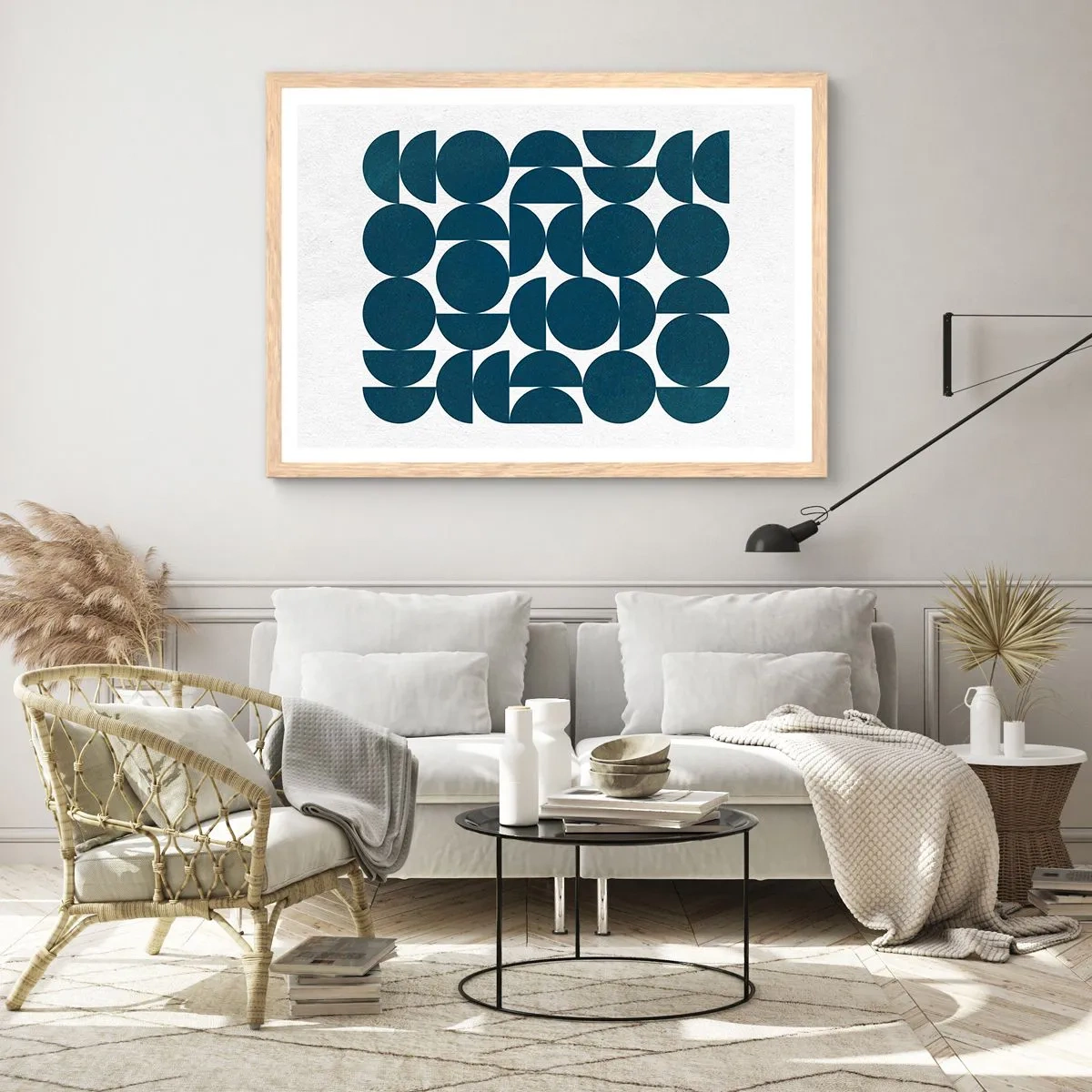 Plakat i ramme af lyst egetræ - Cirkler og halvcirkler - 40x30 cm