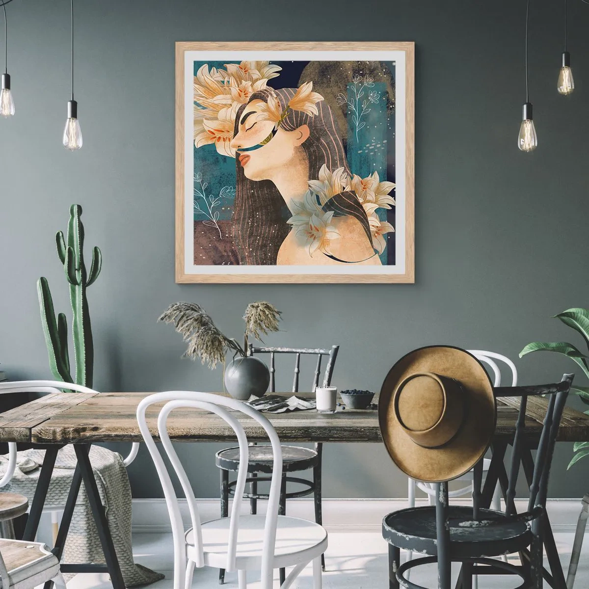 Plakat i ramme af lyst egetræ - Eventyret om prinsessen med liljerne - 50x50 cm