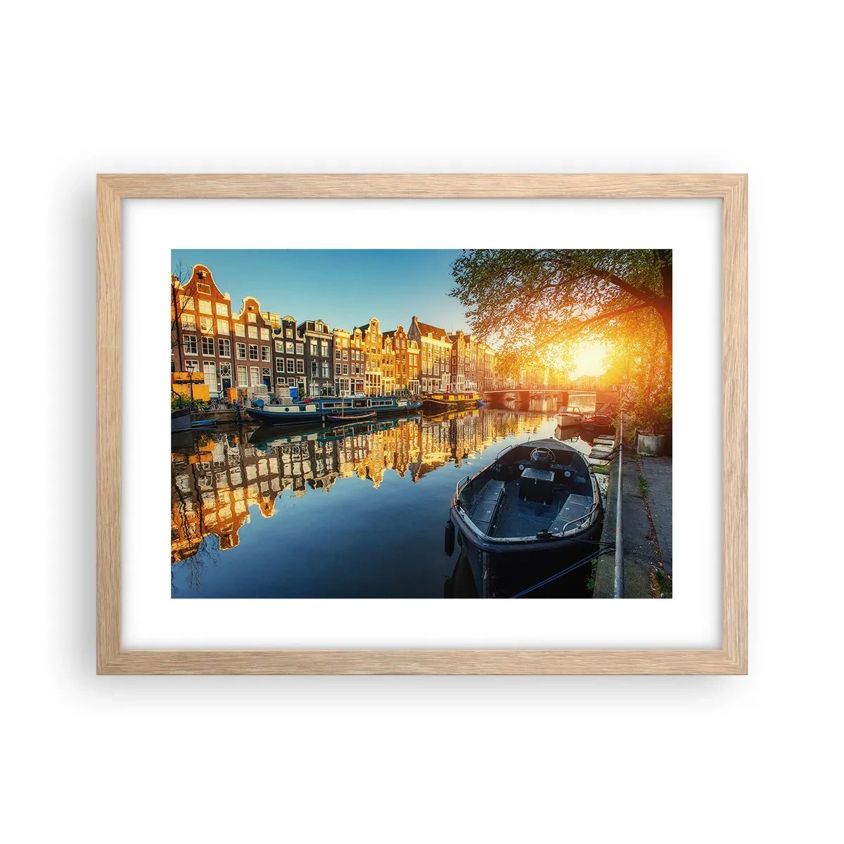 Plakat i ramme af lyst egetræ - Morgen i Amsterdam - 40x30 cm