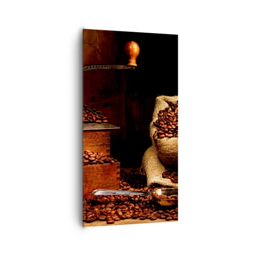 Lærredstryk - Billede på lærred - Stilleben med kaffebønner og kværn - 65x120 cm