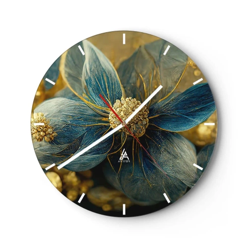Vægur, Uret - En blomst i guld og blå farver - 30x30cm - Blomstre med guld - Moderne vægdekoration til stue, køkken og soveværelse ARTTOR