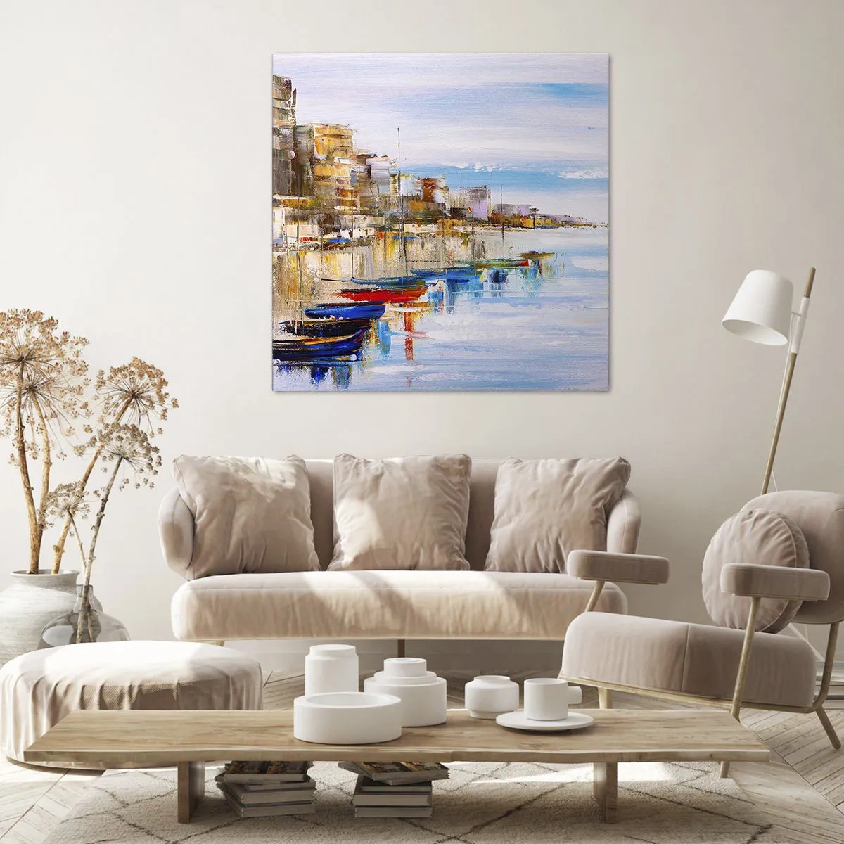 Lærredstryk - Billede på lærred - Flerfarvet urban havn - 60x60 cm